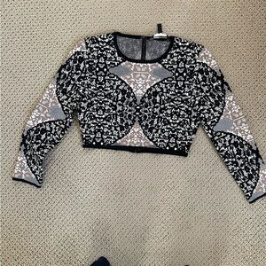 BCBGMaxAzria Black and Cream Lace-Overlay Cropped Top